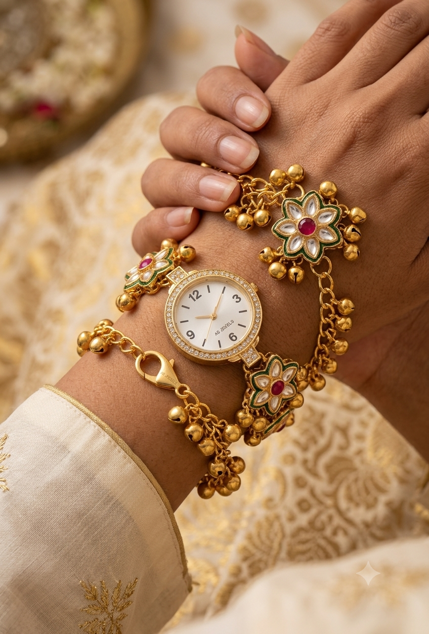 ✨Kashmiri Kundan Gold & Ruby Red Bracelet Watch For Women & Girls Ethnic Jewellery Watch ✨