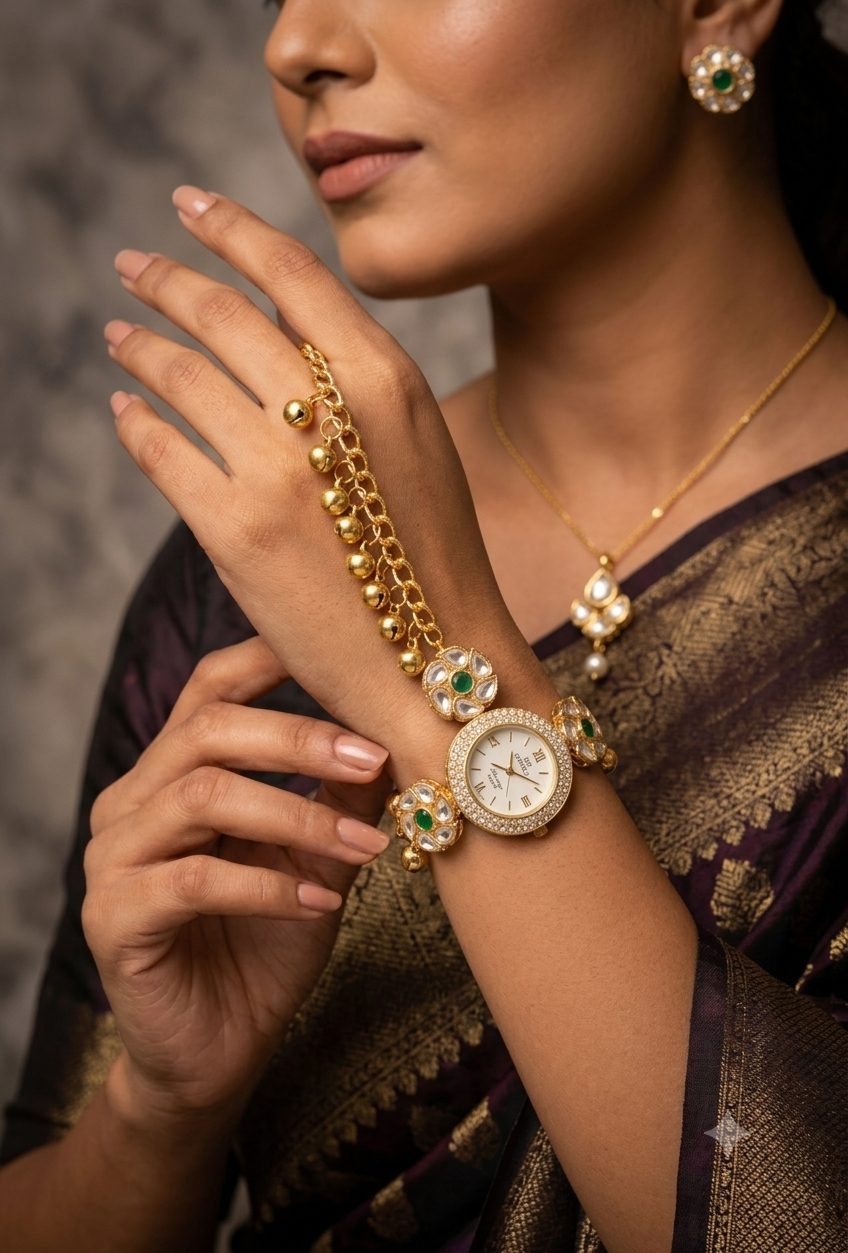 ✨Kashmiri Kundan Gold & Emerald Green Bracelet Watch For Women & Girls Ethnic Jewellery Watch ✨