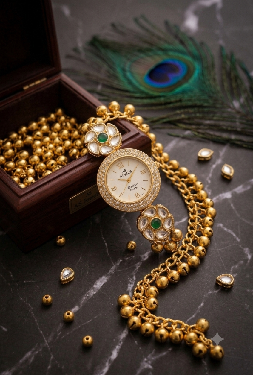 ✨Kashmiri Kundan Gold & Emerald Green Bracelet Watch For Women & Girls Ethnic Jewellery Watch ✨