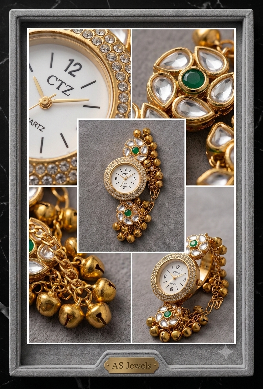 ✨Kashmiri Kundan Gold & Emerald Green Bracelet Watch For Women & Girls Ethnic Jewellery Watch ✨