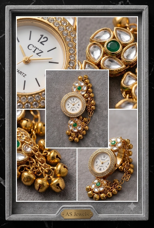 ✨Kashmiri Kundan Gold & Emerald Green Bracelet Watch For Women & Girls Ethnic Jewellery Watch ✨