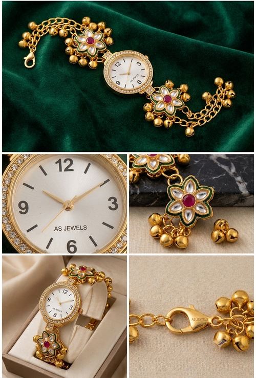 ✨Kashmiri Kundan Gold & Ruby Red Bracelet Watch For Women & Girls Ethnic Jewellery Watch ✨