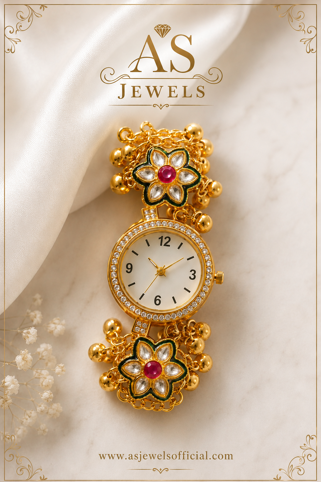 ✨Kashmiri Kundan Gold & Ruby Red Bracelet Watch For Women & Girls Ethnic Jewellery Watch ✨