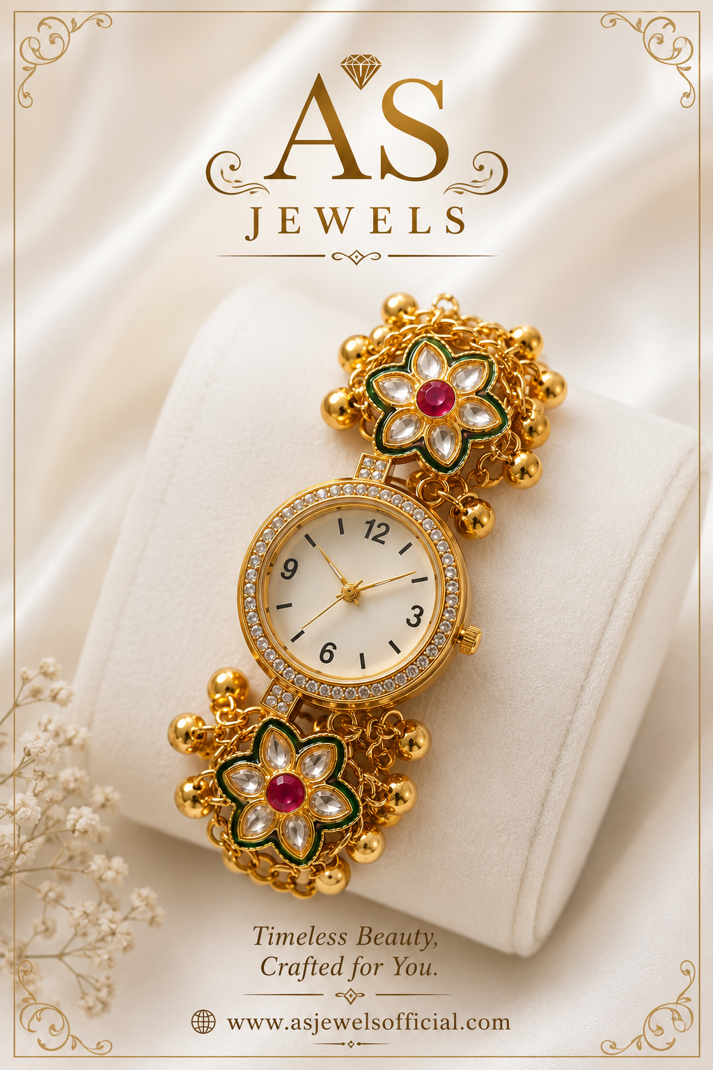 ✨Kashmiri Kundan Gold & Ruby Red Bracelet Watch For Women & Girls Ethnic Jewellery Watch ✨