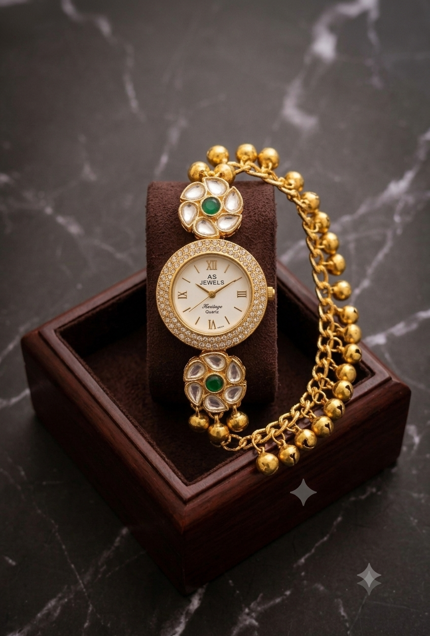 ✨Kashmiri Kundan Gold & Emerald Green Bracelet Watch For Women & Girls Ethnic Jewellery Watch ✨